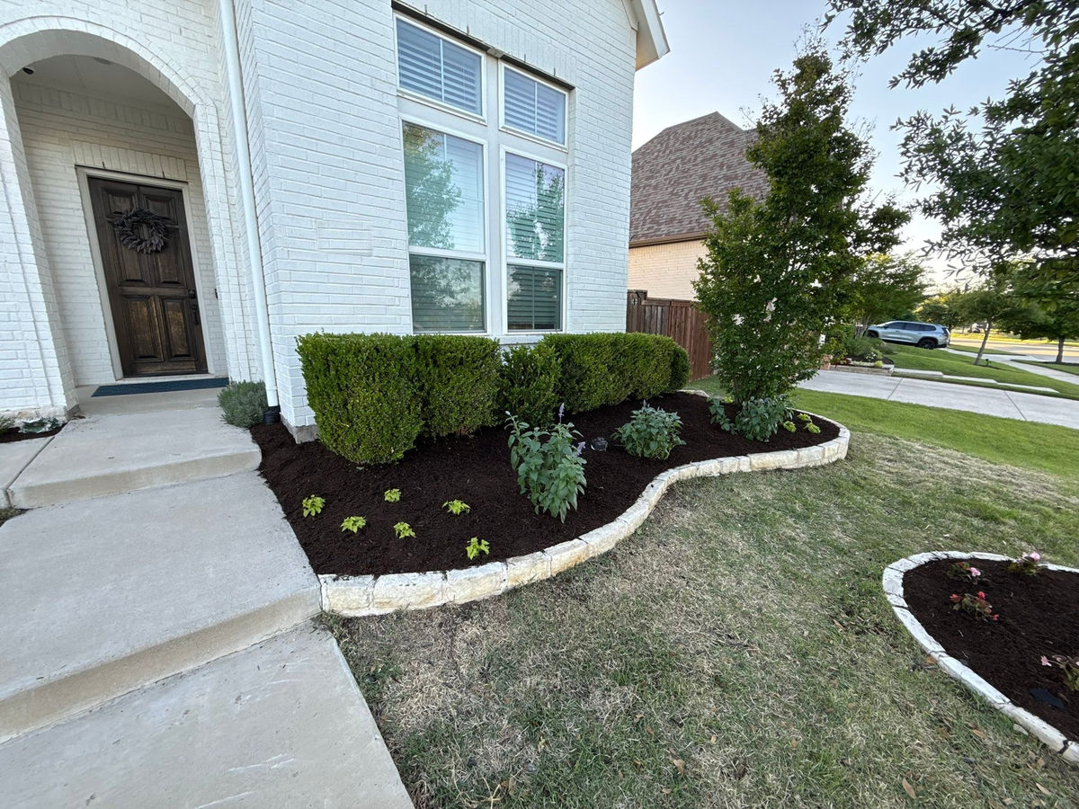 The same limestone-edged foundation bed of clipped boxwood and newly planted perennials, running from the front walk around to the corner of the house.